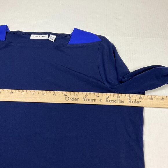 Susan Graver Tunic Blouse Blue Color-Block Stretchy Shirt 3/4 Sleeve Top Large - Picture 8 of 11